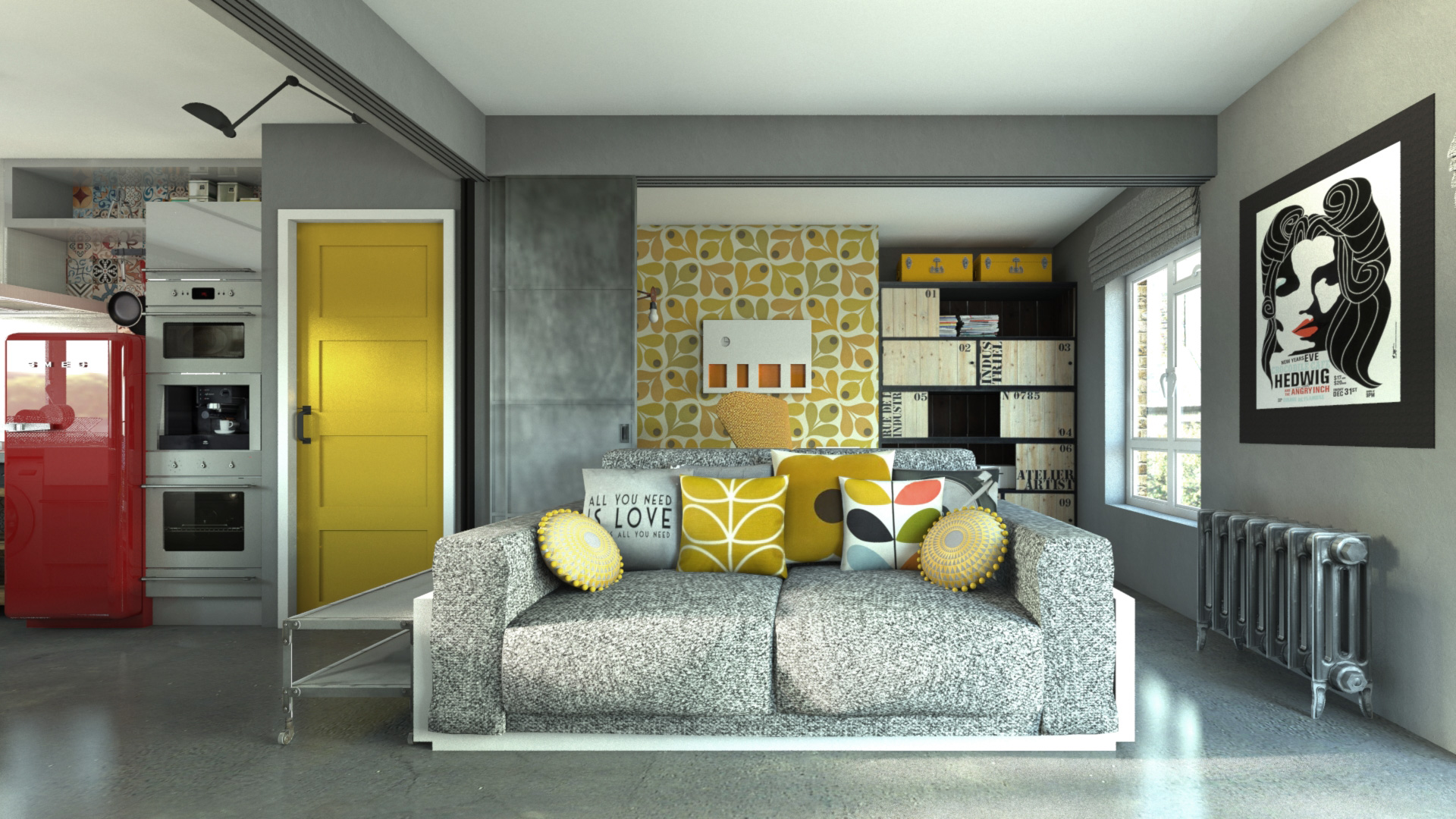 Industrial living room with pops of colour