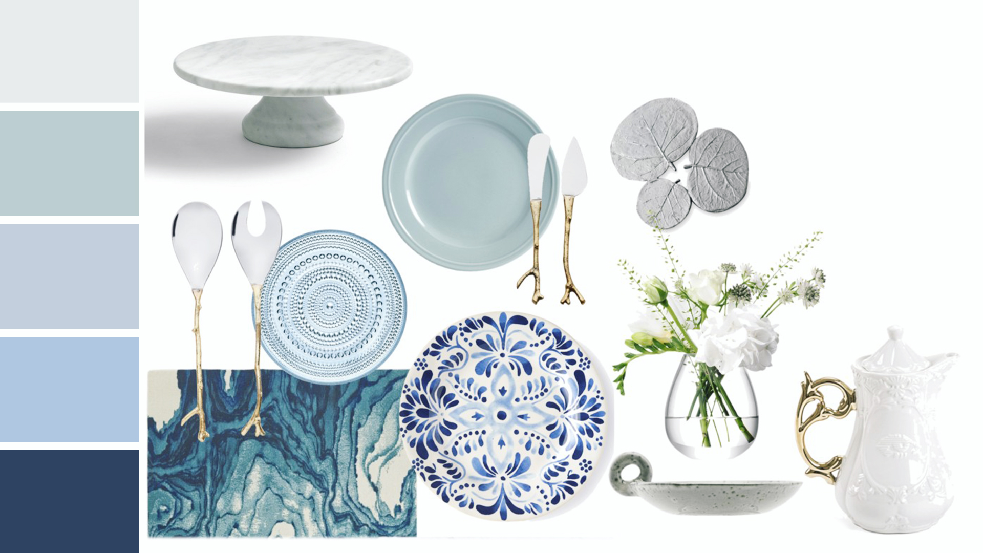 Blue and White China and Cutlery Flatlay