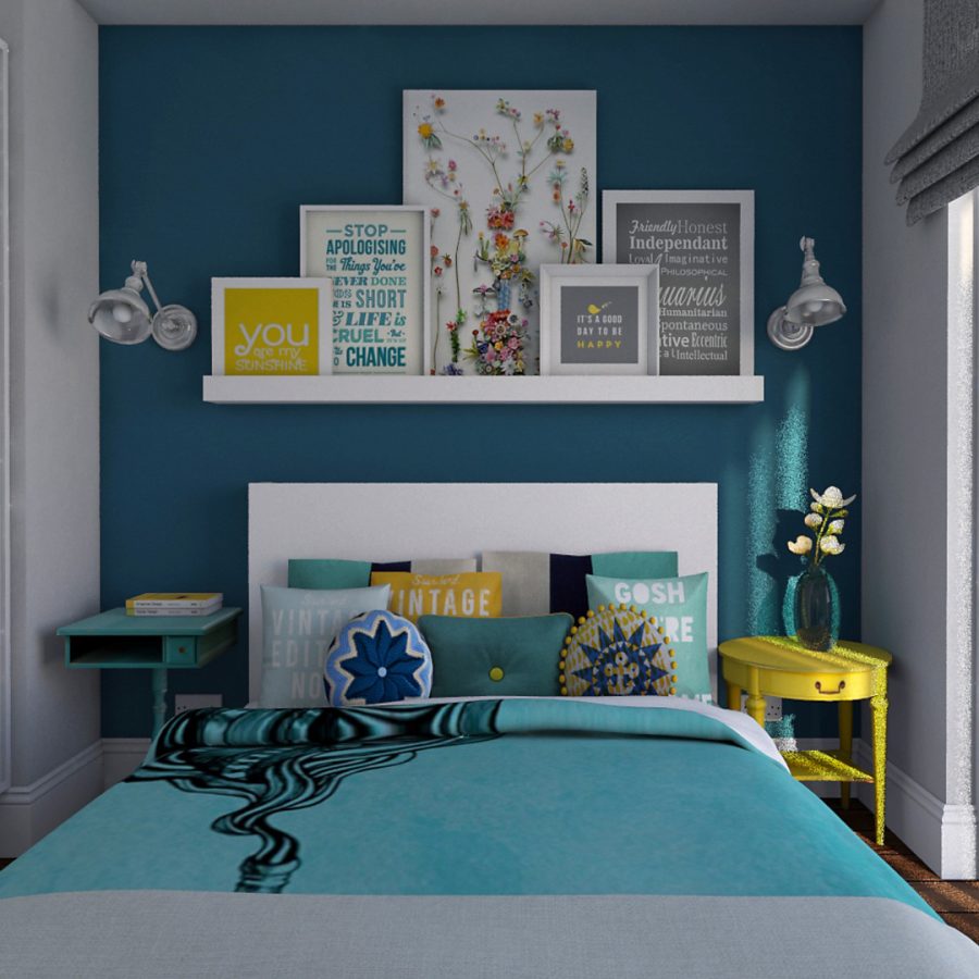 CAPTION: On the bedroom, the headboard wall was painted in Stone Blue (Farrow & Ball) and dressed with upcycled bedside tables